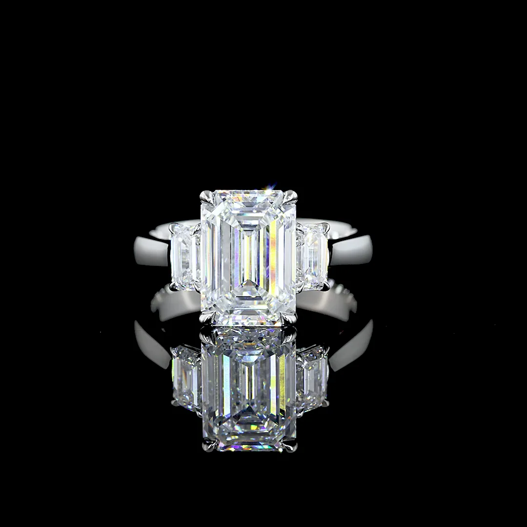 3.85 Cts Platinum Emerald Shape 3 Stones Ring - Video