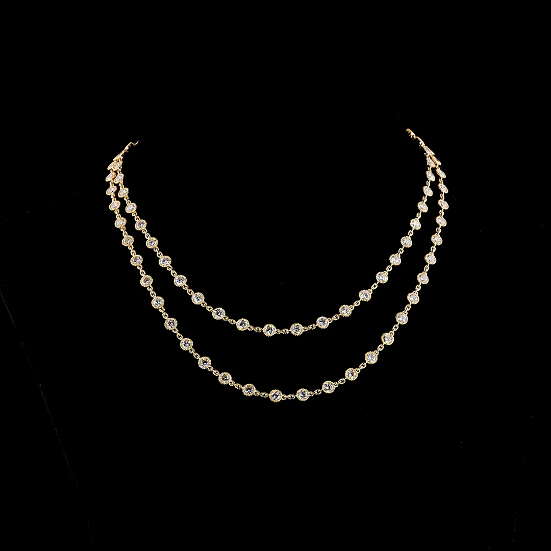 14.36 Cts 14k Yellow Gold Round Shape Double Strand Station Necklace - Video