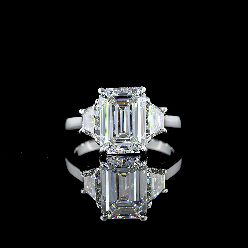 3.96 Cts Platinum Emerald Shape 3 Stones Ring - Video