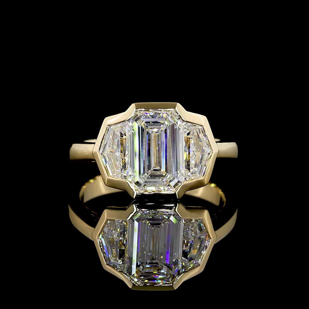 2.98 Cts 14k Yellow Gold Emerald Shape 3 Stones Ring - Video