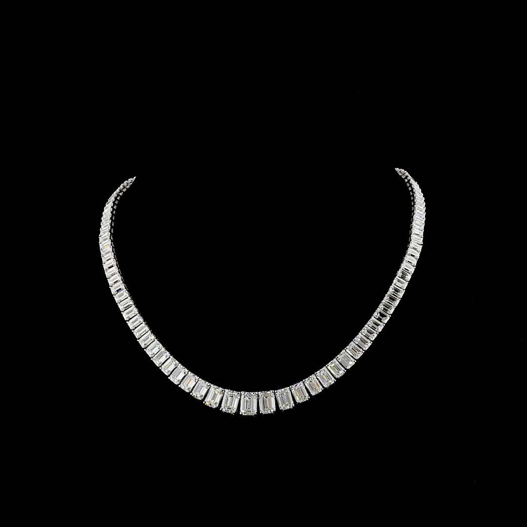 45.34 Cts 14k White Gold Emerald Shape Riviera Necklace - Video