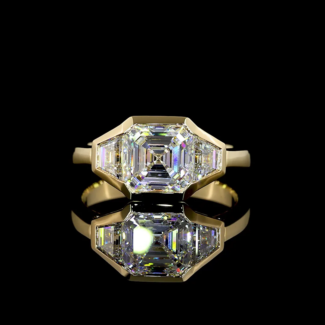 2.58 Cts 14k Yellow Gold Asscher Shape 3 Stones Ring - Video