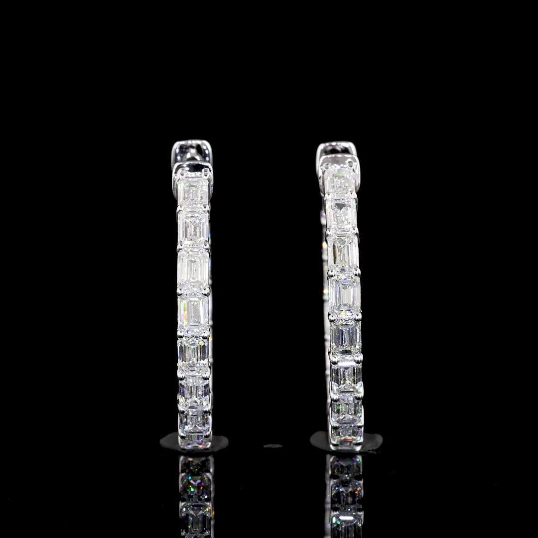 3.93 Cts 14k White Gold Emerald Shape Hoops Earring - Image 2