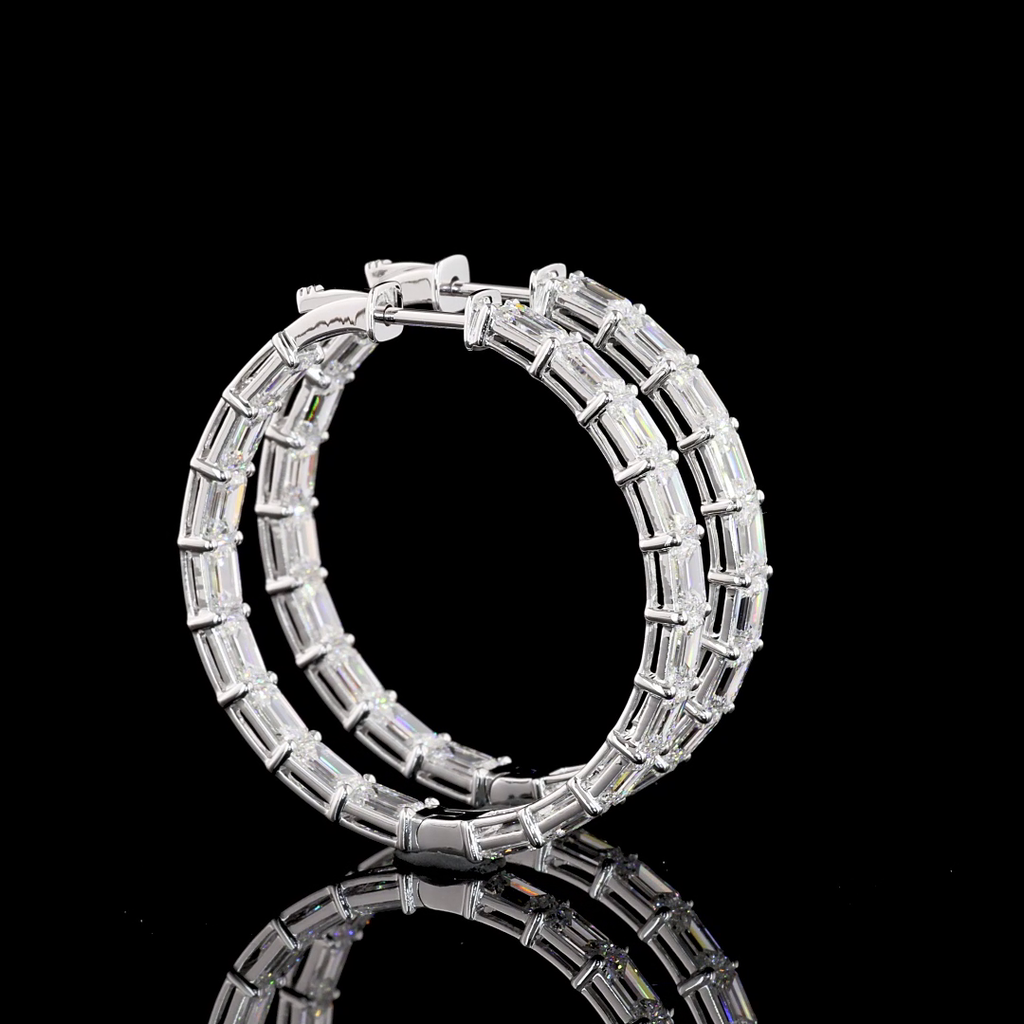9.23 Cts 14k White Gold Emerald Shape Hoops Earring - Video