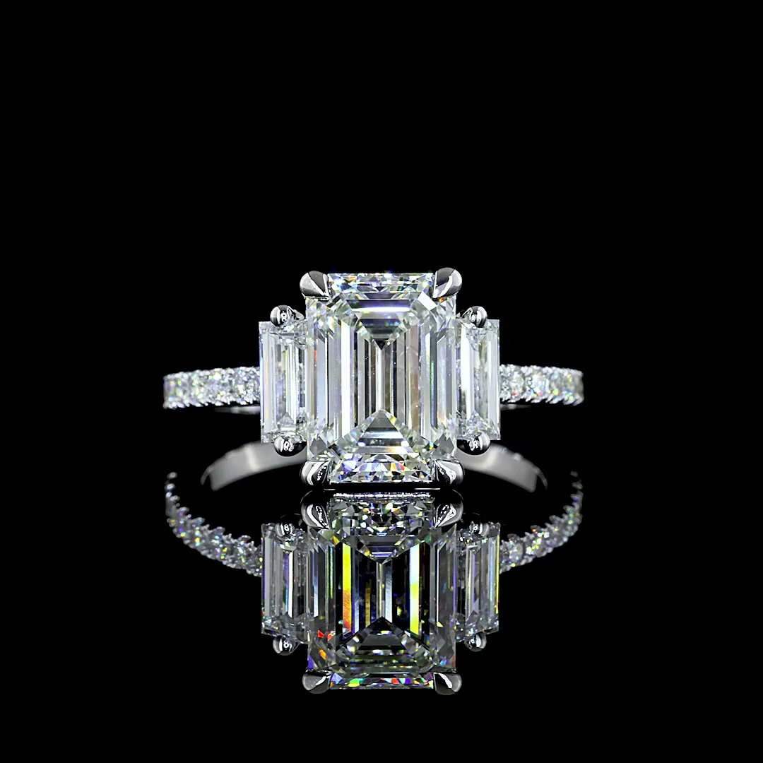 3.42 Cts 14k White Gold Emerald Shape 3stone Diamondshank Ring - Video