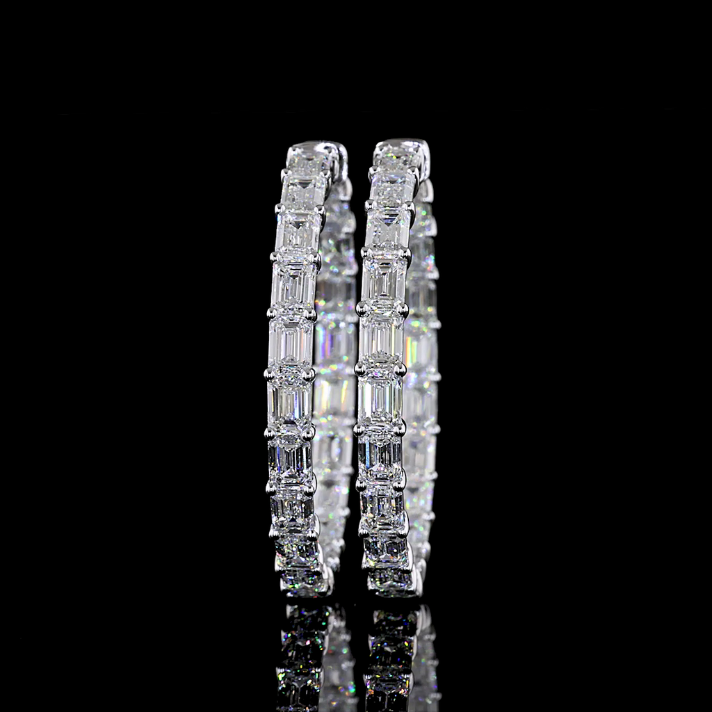 13.58 Cts 14k White Gold Emerald Shape Hoops Earring - Video