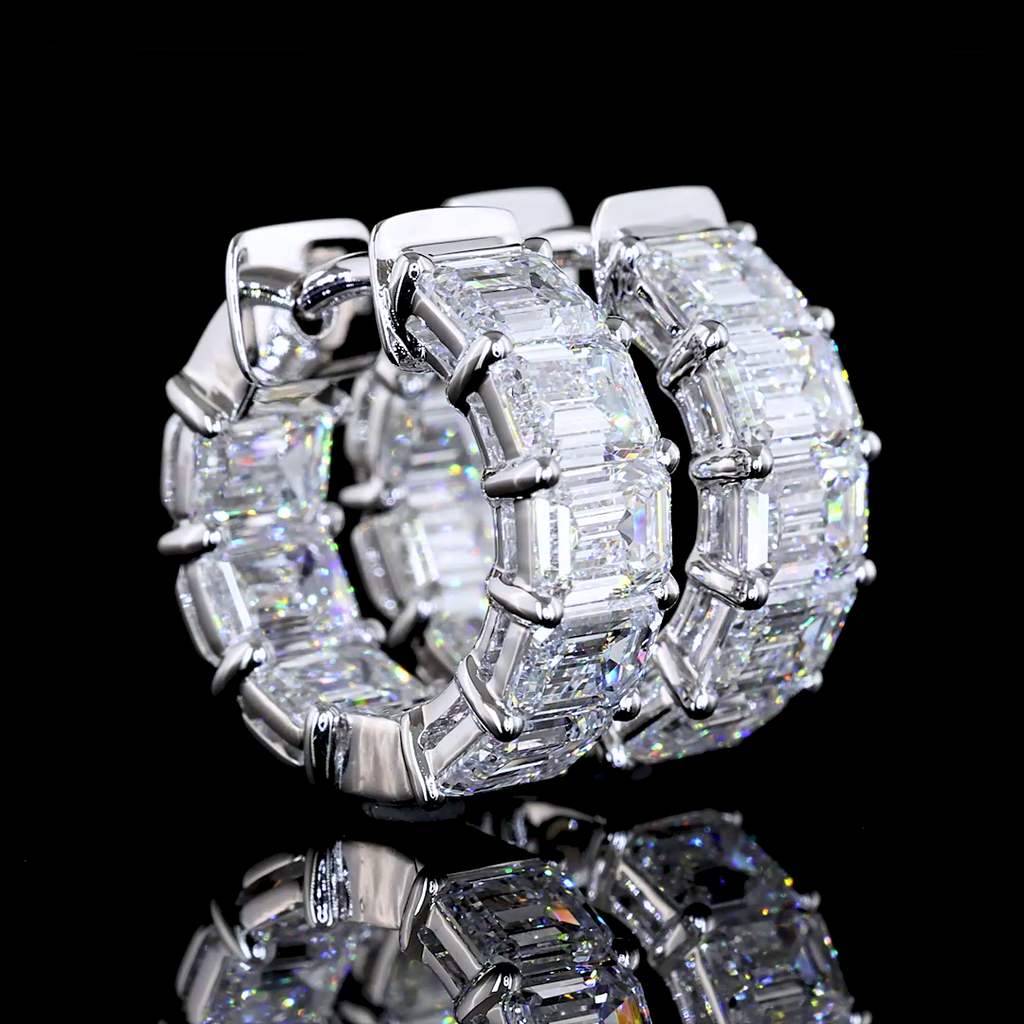 5.12 Cts 14k White Gold Emerald Shape Huggies Earring - Video
