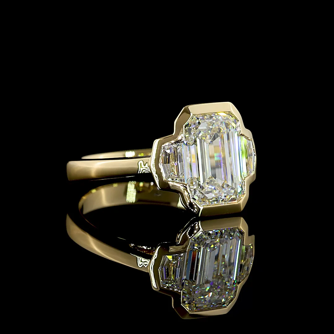 3.4 Cts 14k Yellow Gold Emerald Shape 3 Stones Ring - Image 3