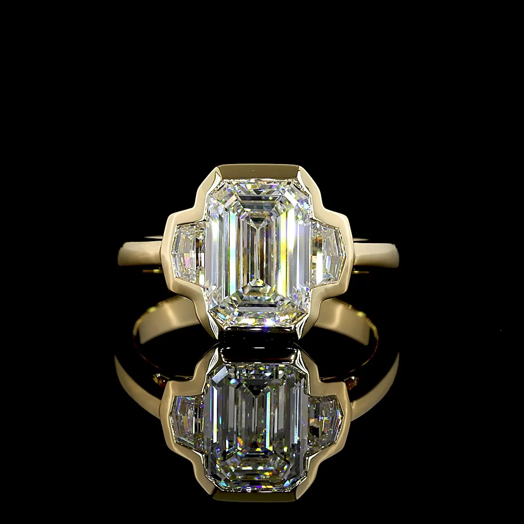 3.4 Cts 14k Yellow Gold Emerald Shape 3 Stones Ring - Video