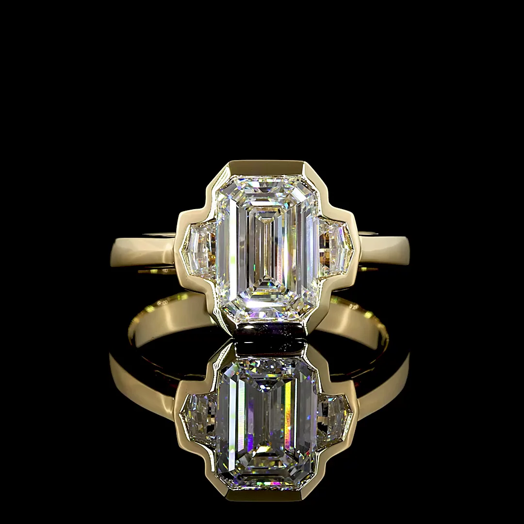 2.41 Cts 14k Yellow Gold Emerald Shape 3 Stones Ring - Video