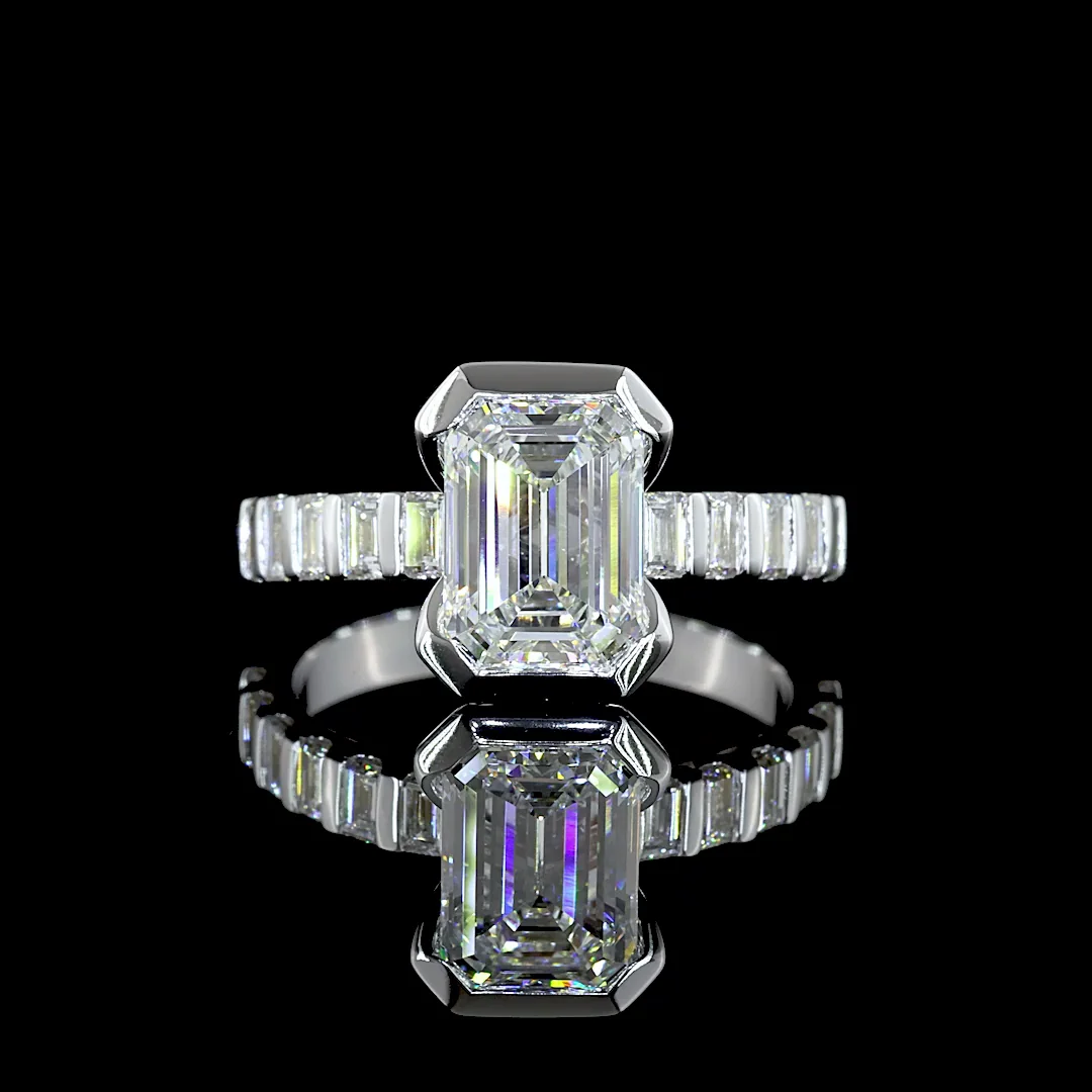 2.74 Cts 14k White Gold Emerald Shape Hidden Halo Ring - Video