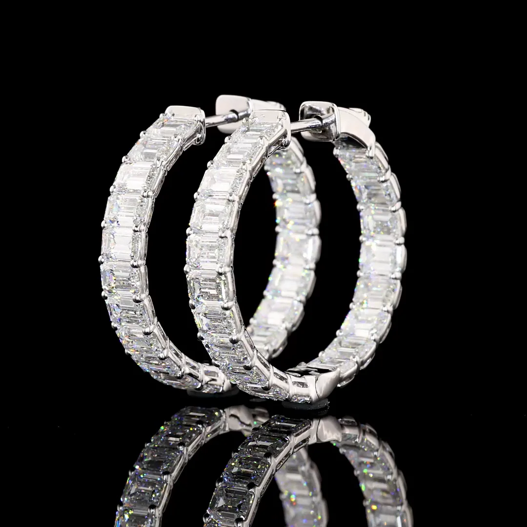 8.1 Cts 14k White Gold Emerald Shape Hoops Earring - Image 2