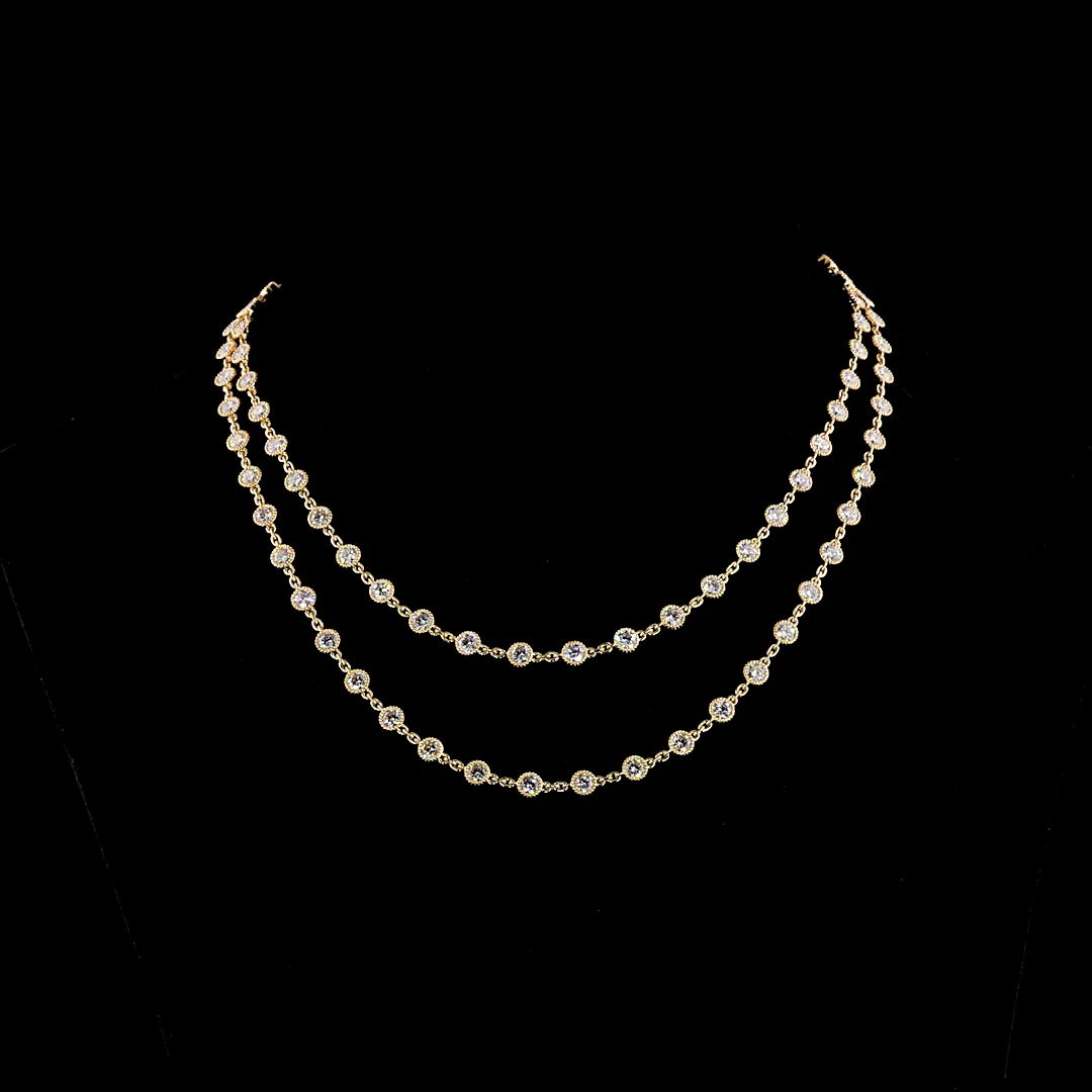 14.06 Cts 18k Yellow Gold Round Shape Double Strand Station Necklace - Video