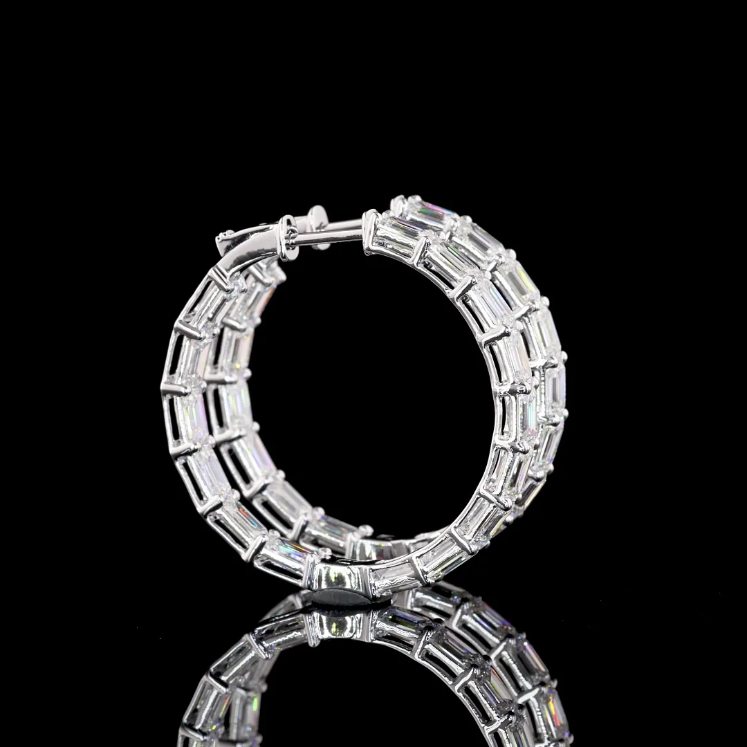 7.45 Cts 14k White Gold Emerald Shape Hoops Earring - Video