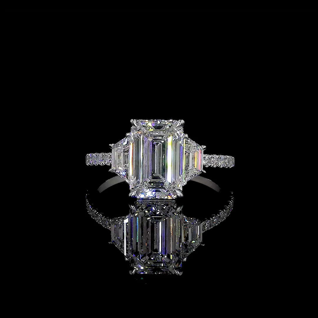 3.86 Cts 14k White Gold Emerald Shape 3 Stones Ring - Video