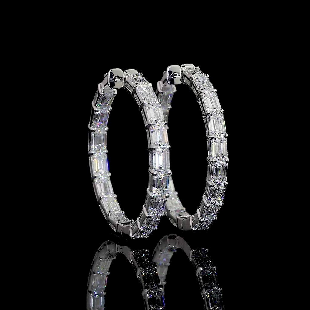 9.86 Cts 14k White Gold Emerald Shape Hoops Earring - Video