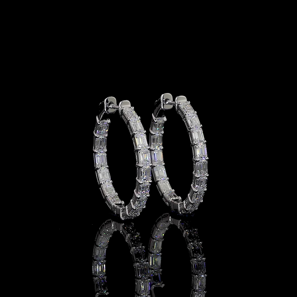 3.56 Cts 14k White Gold Emerald Shape Hoops Earring - Video