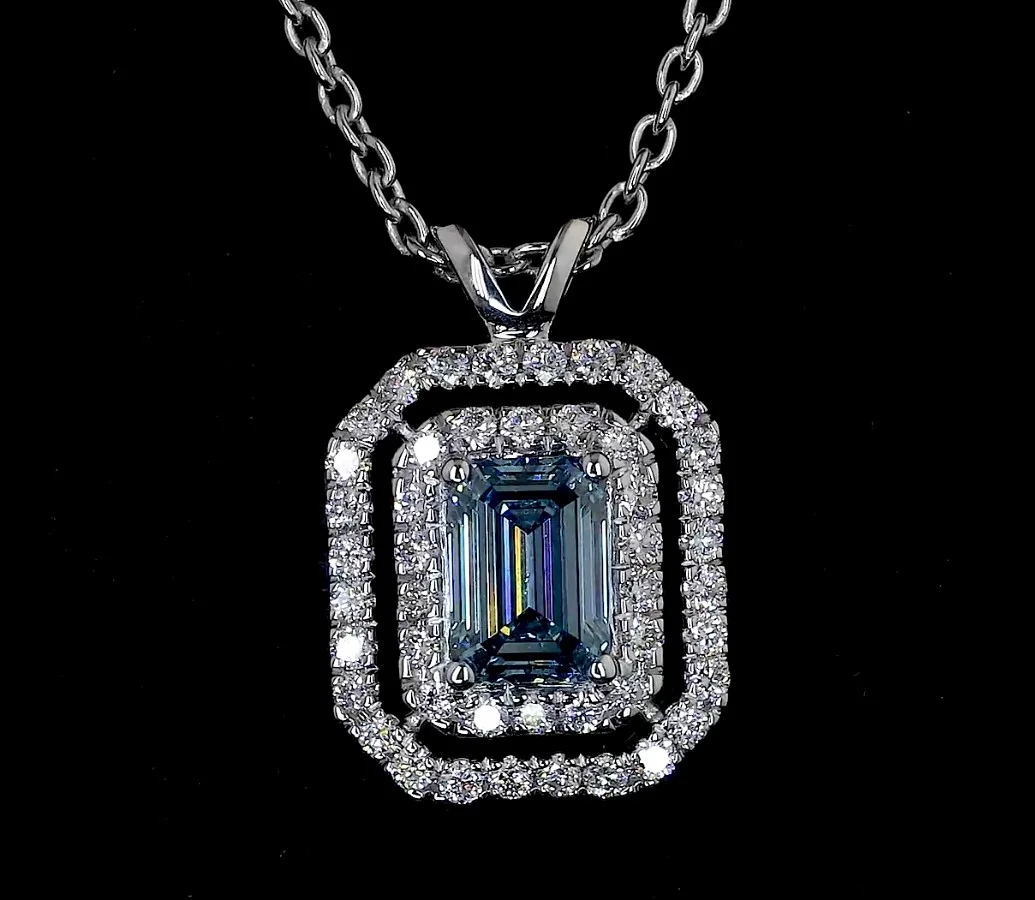 0.74 Cts 14k White Gold Emerald Shape Double Halo Pendant - Image 3