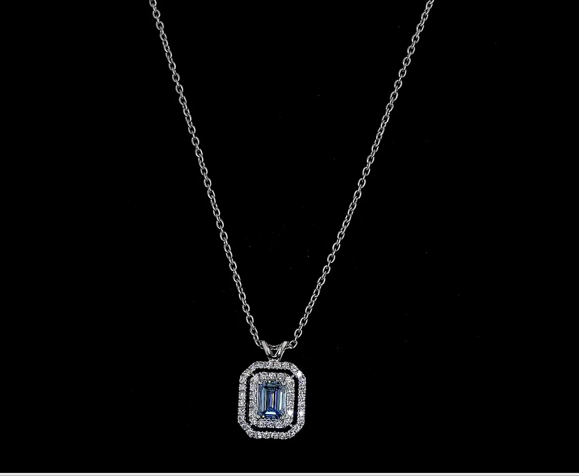0.74 Cts 14k White Gold Emerald Shape Double Halo Pendant - Video