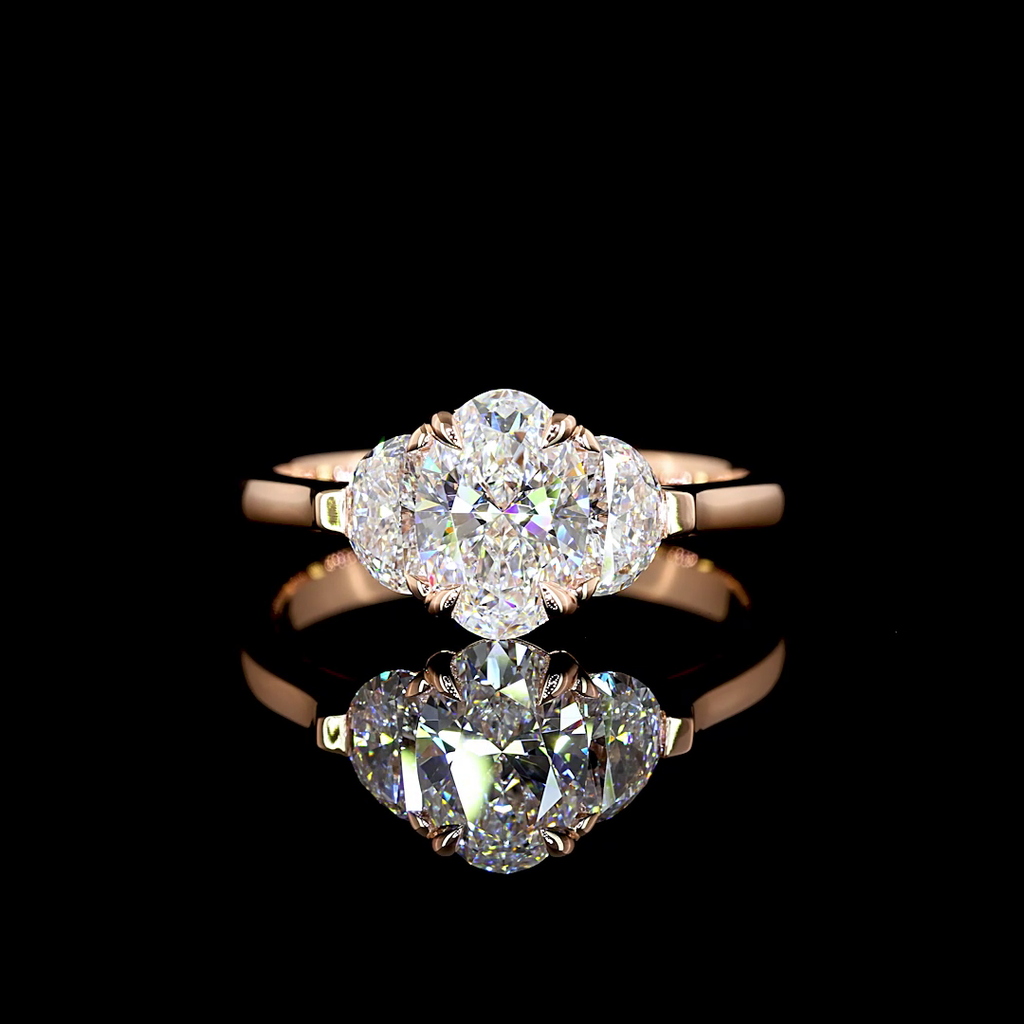 1.48 Cts 14k Rose Gold Oval Shape 3 Stones Ring