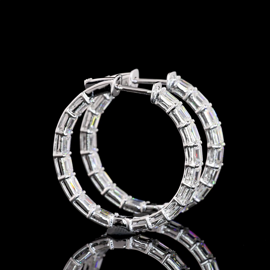 3.93 Cts 14k White Gold Emerald Shape Hoops Earring